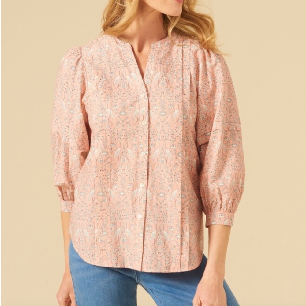 J. McLaughlin floral button down blouse top pink and white size small